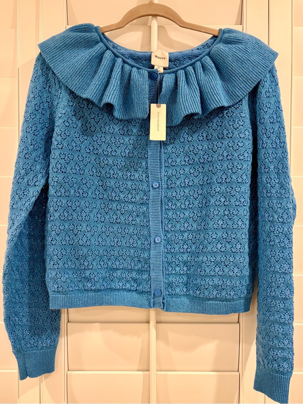 Maeve Teal-Blue Ruffled Collar Knit Cardigan